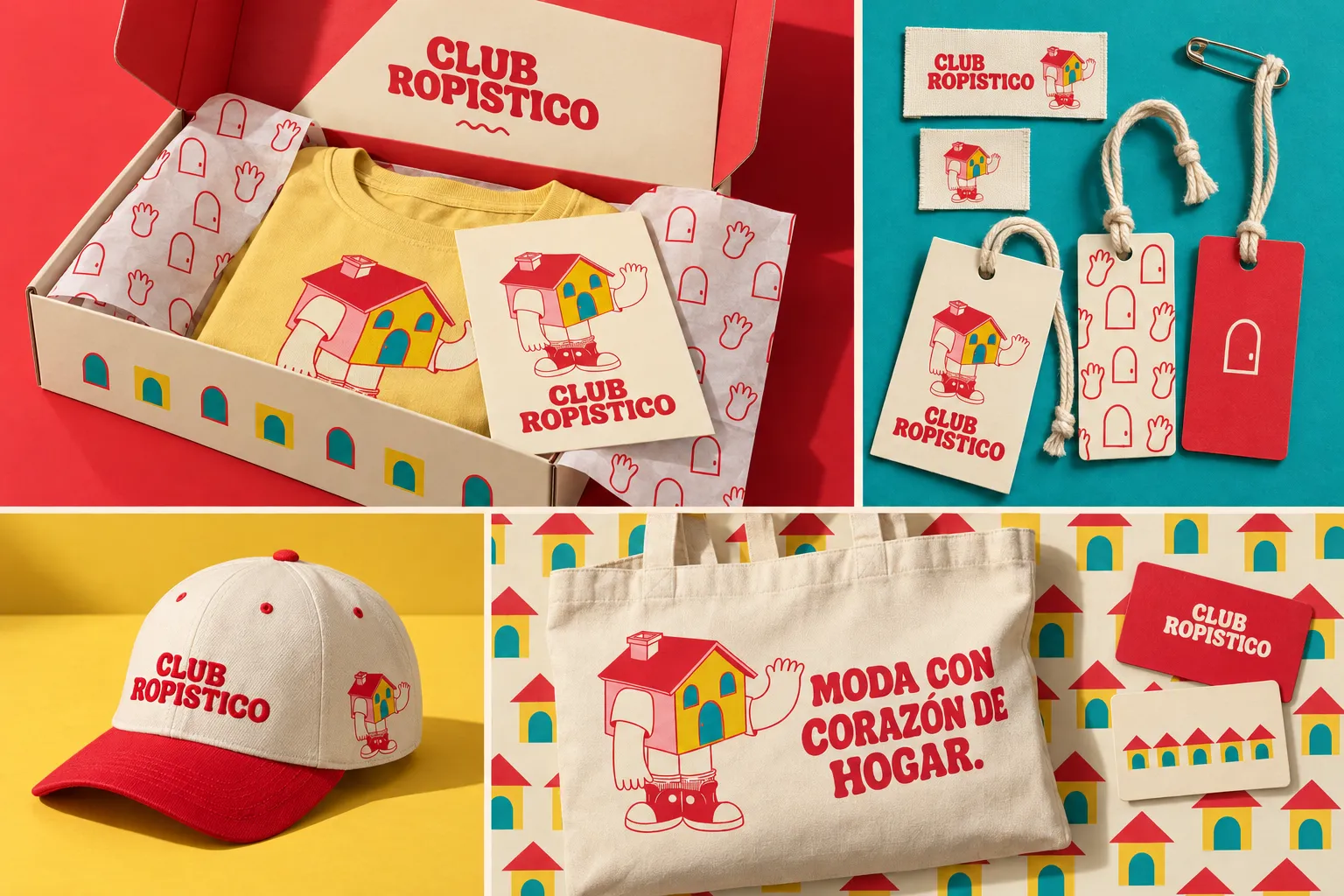 Club Ropístico identity across color-blocked packaging, patterned tissue, garment labels, headwear and a typographic tote.