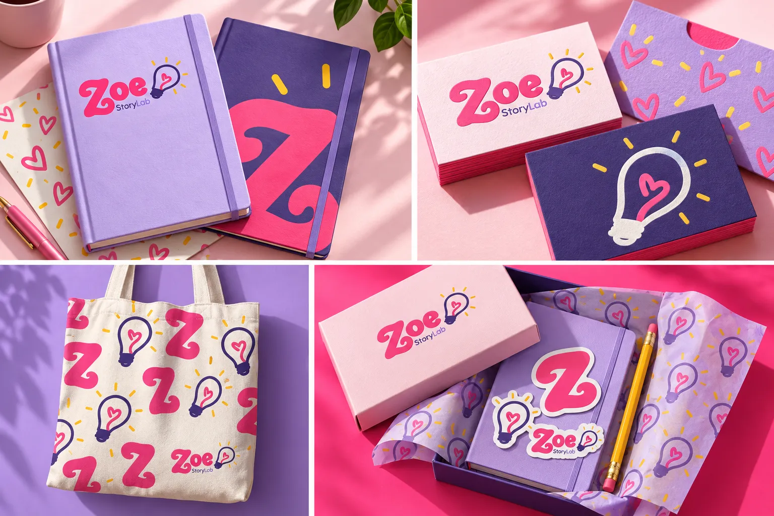 Zoe StoryLab identity on lavender notebooks, pink and purple stationery, a patterned tote and a gift box.