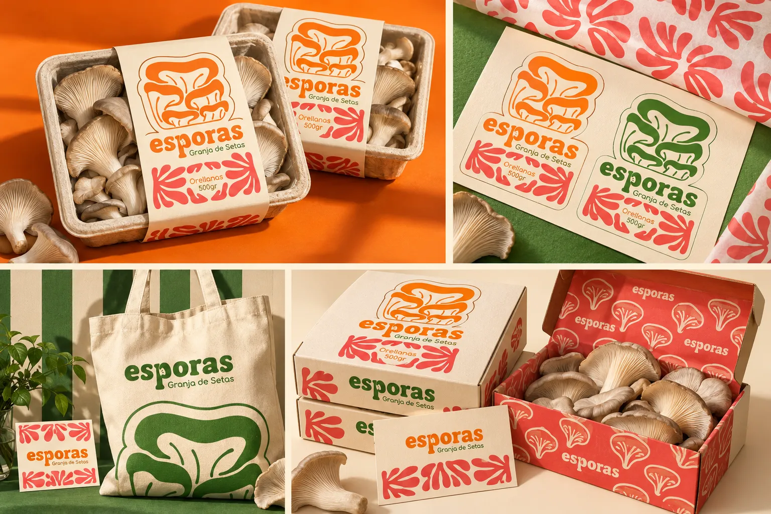 Esporas mushroom identity on orange and green produce trays, labels, a market tote and retail boxes.