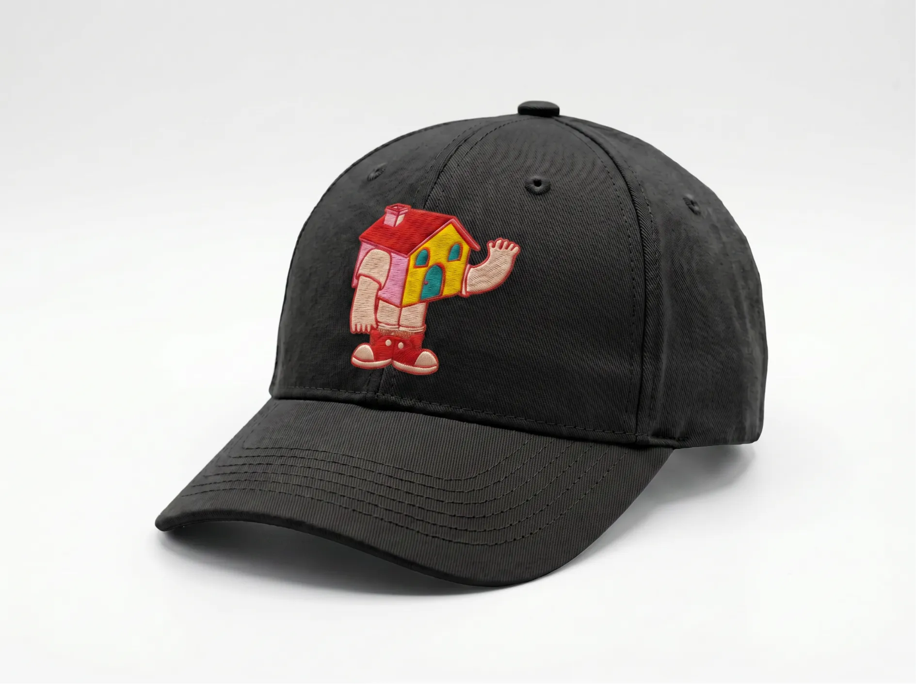 A black cotton baseball cap embroidered with the colorful Club Ropístico house mascot.
