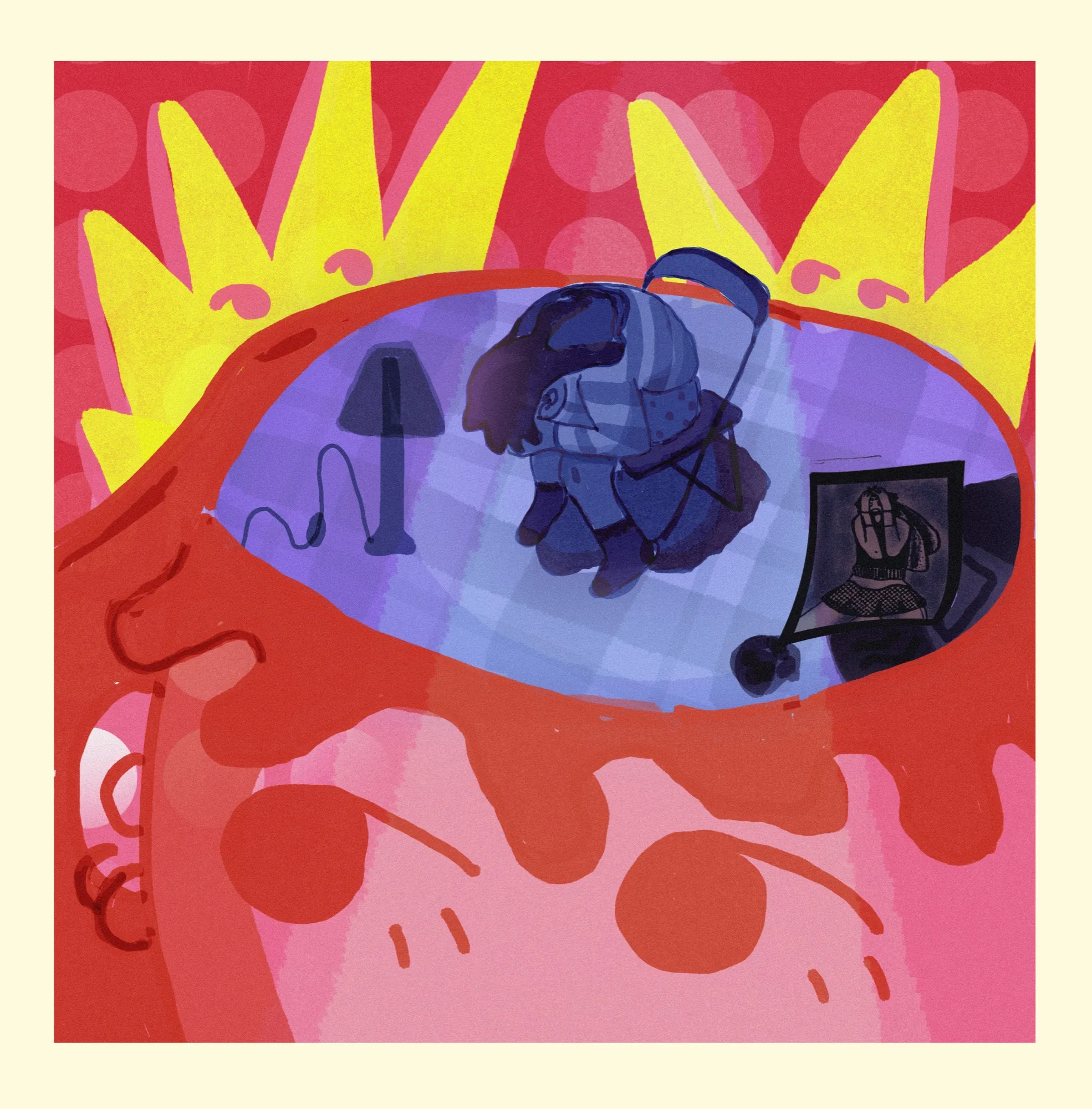 A red face with a yellow crown, its head opened to show a small room inside.