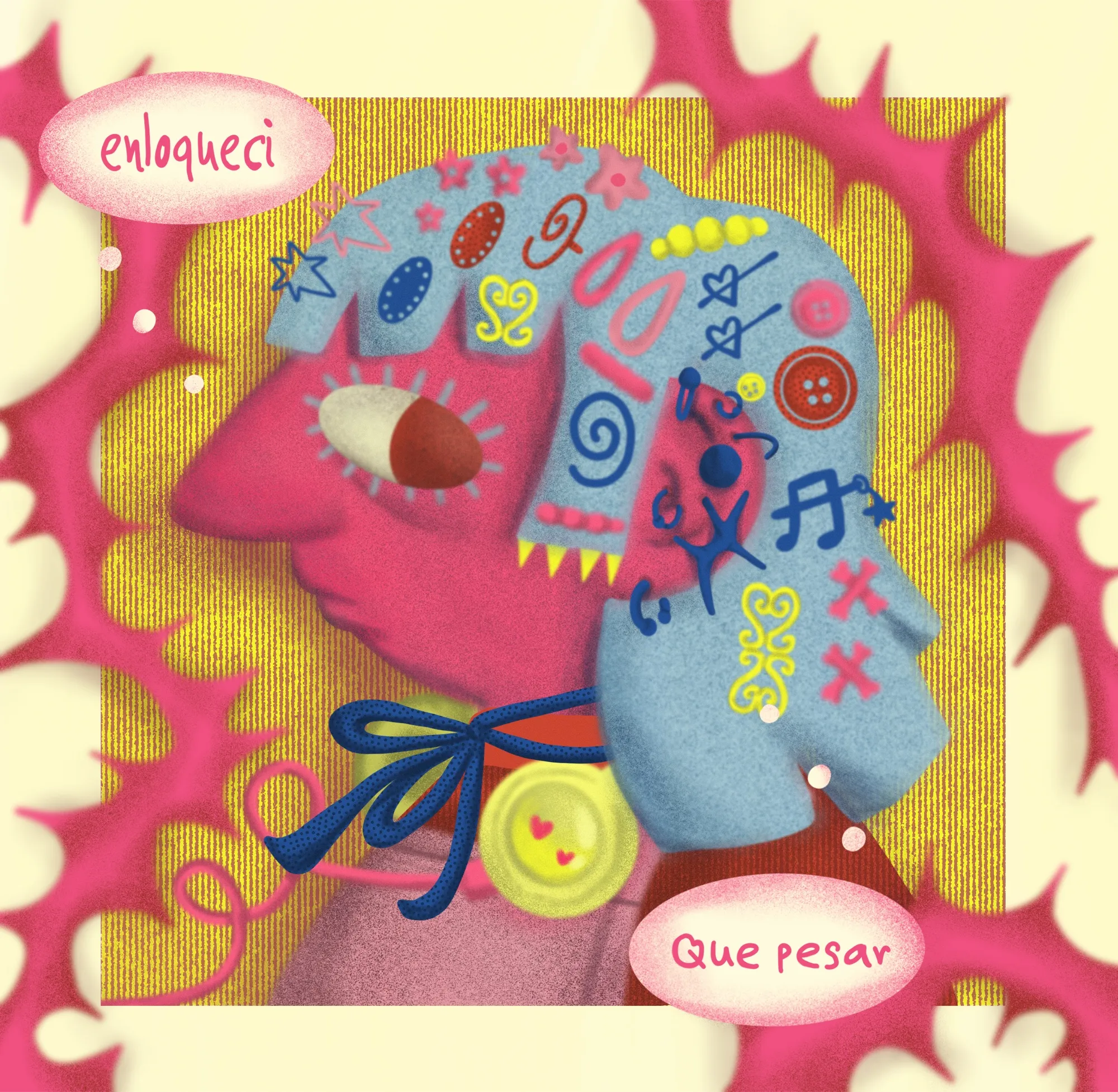A pink profile with patterned blue hair and a ribbon, captioned “enloquecí” and “Que pesar”.