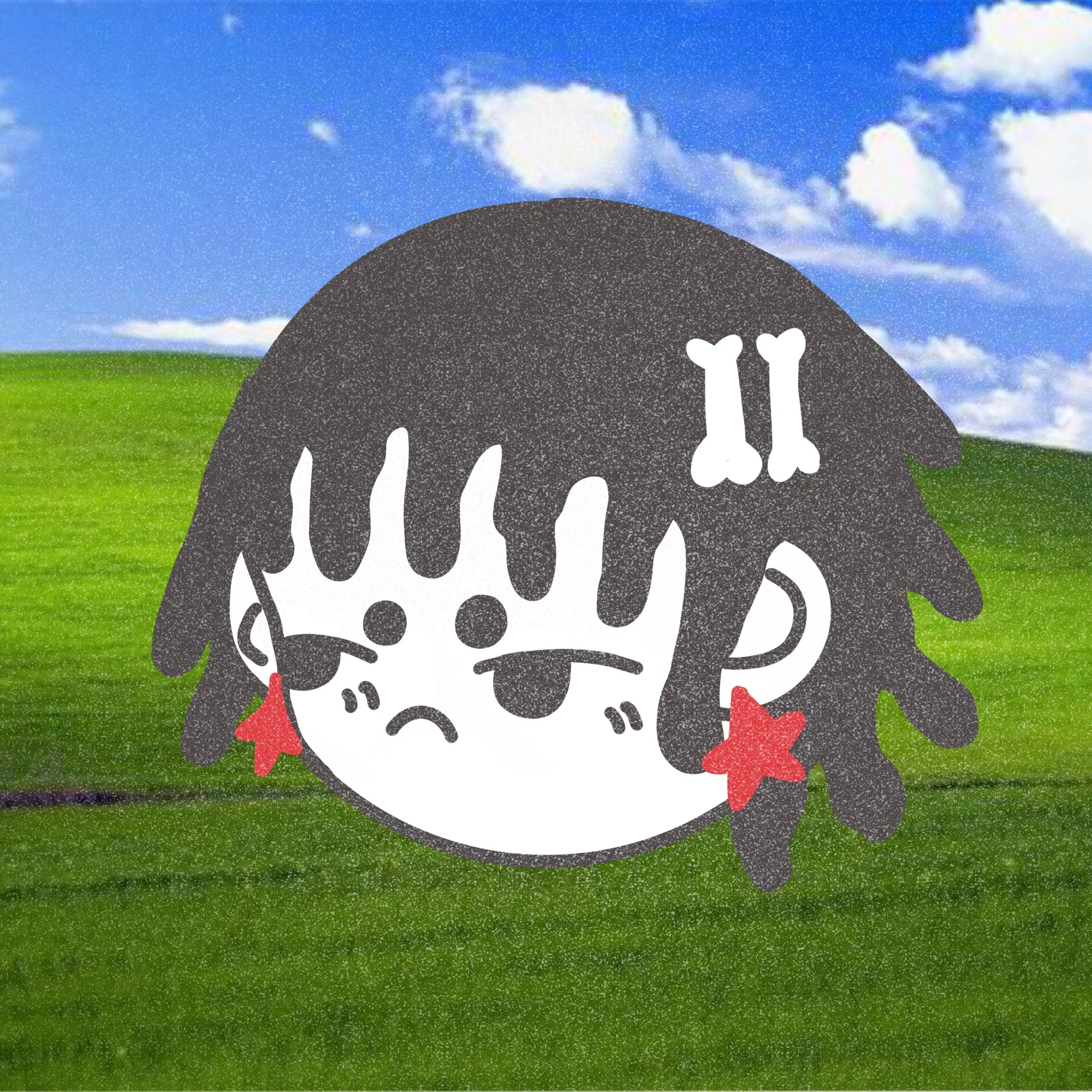 A grumpy character head with dreadlocks and a bone hair clip over a green hill.