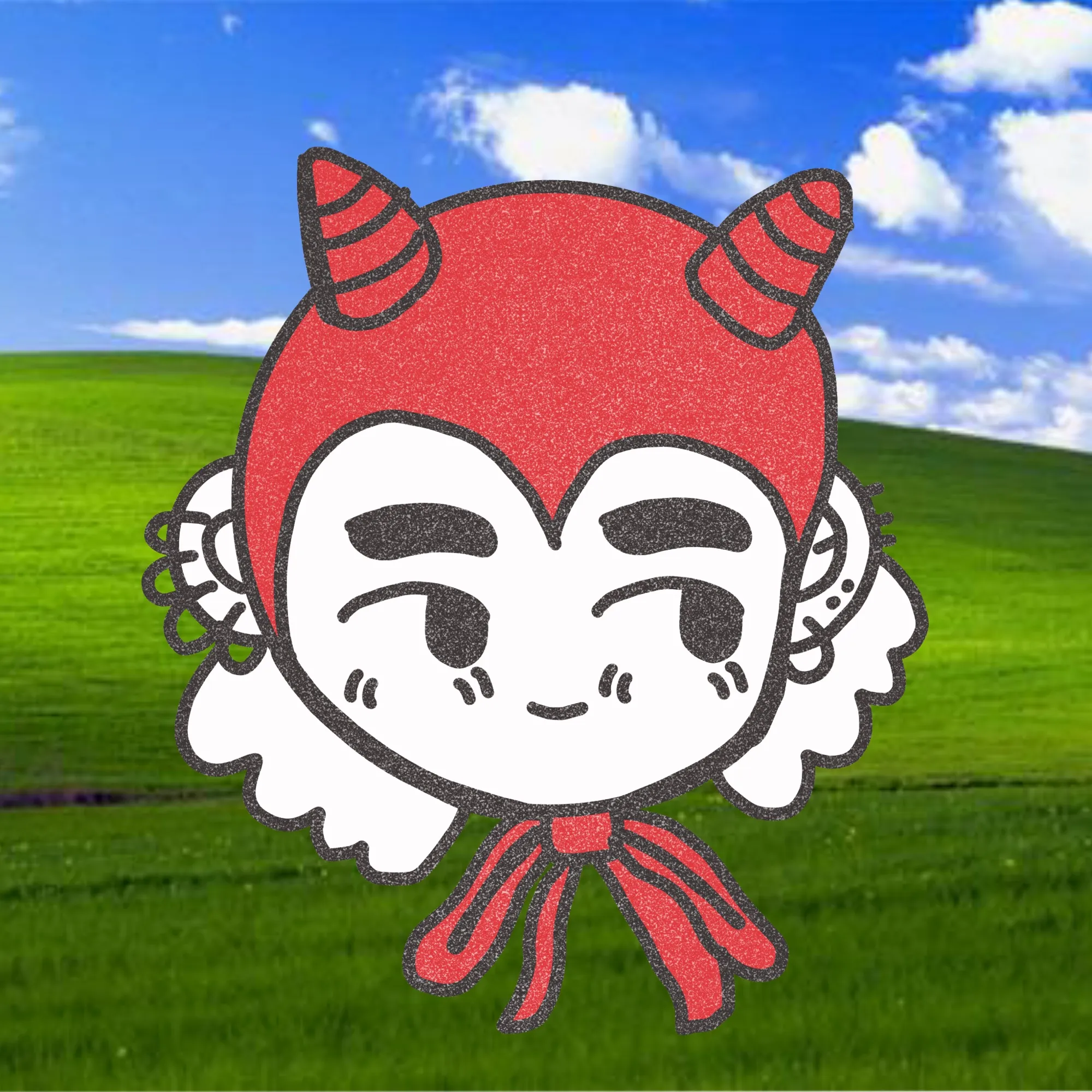 A smiling character head in a red devil hood over a green hill.