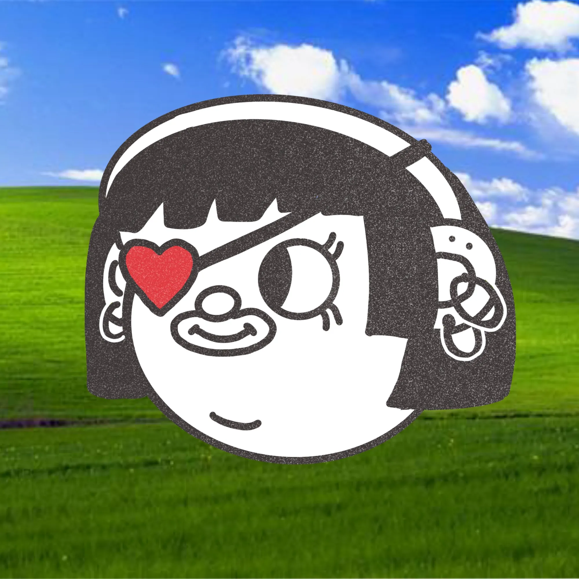 A character head with a heart eyepatch and a clown nose over a green hill.
