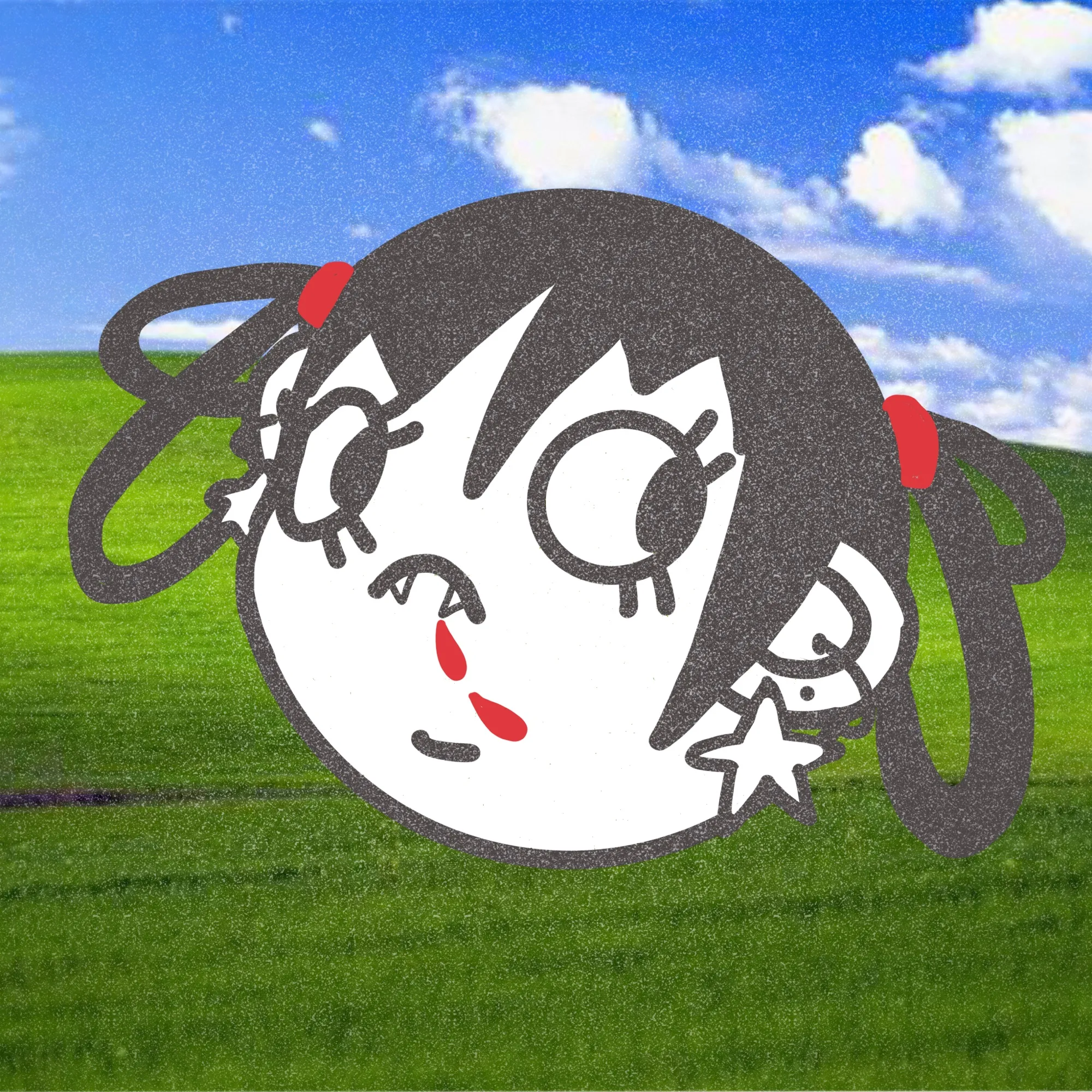 A wide-eyed character head with a nosebleed over a green hill.