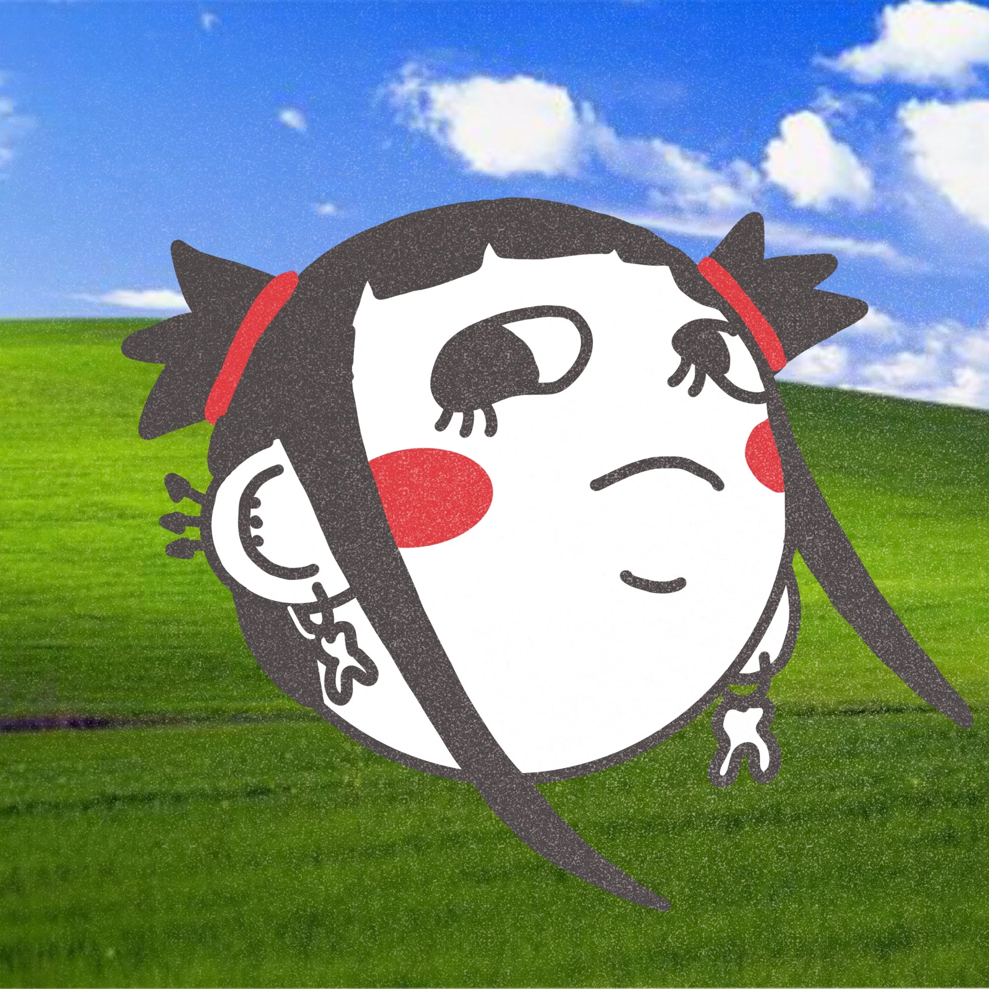A blushing character head with pigtails over a green hill.