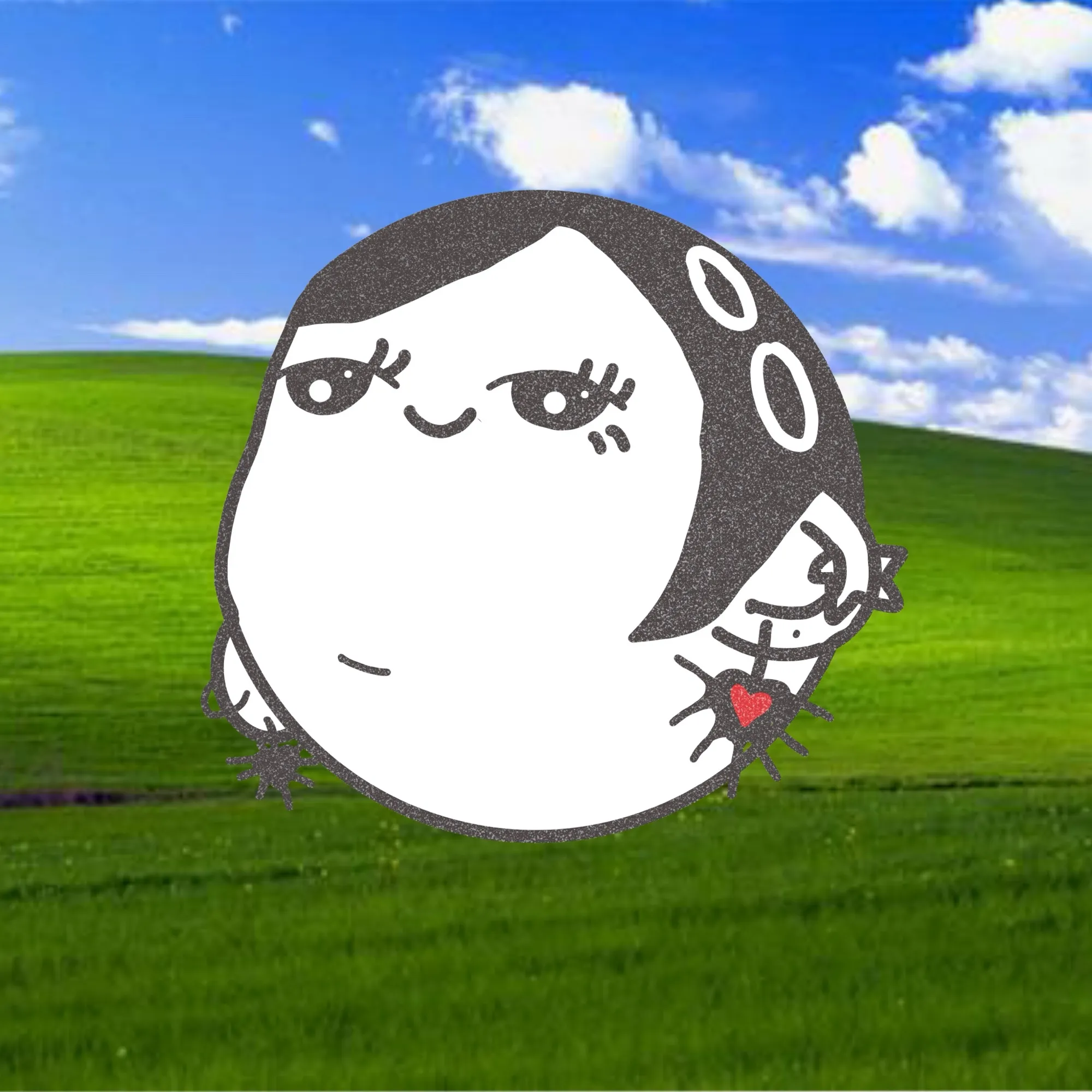 A round, smug character head with dark hair over a green hill and blue sky.