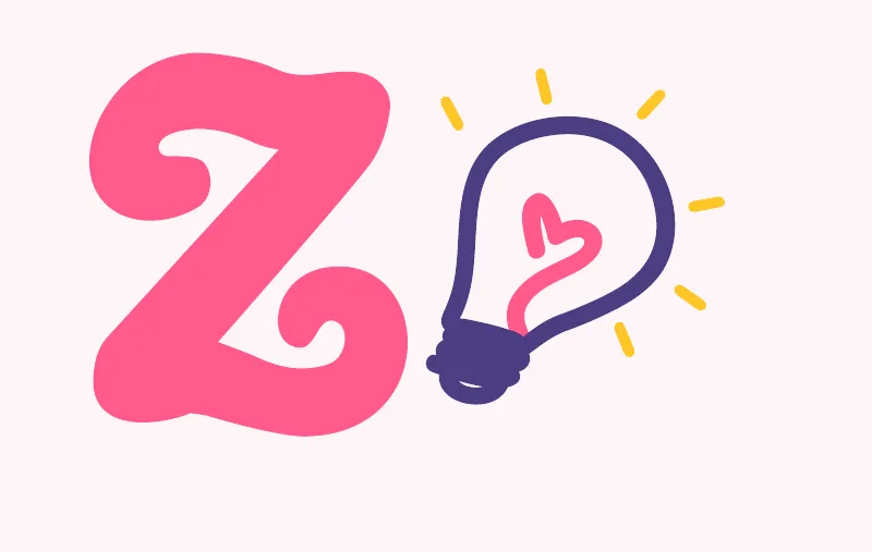 Original Zoe StoryLab submark: a pink organic Z and heart lightbulb with yellow rays.