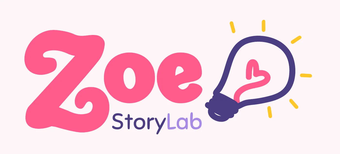 Original compact Zoe StoryLab wordmark with organic pink lettering and a purple heart lightbulb.