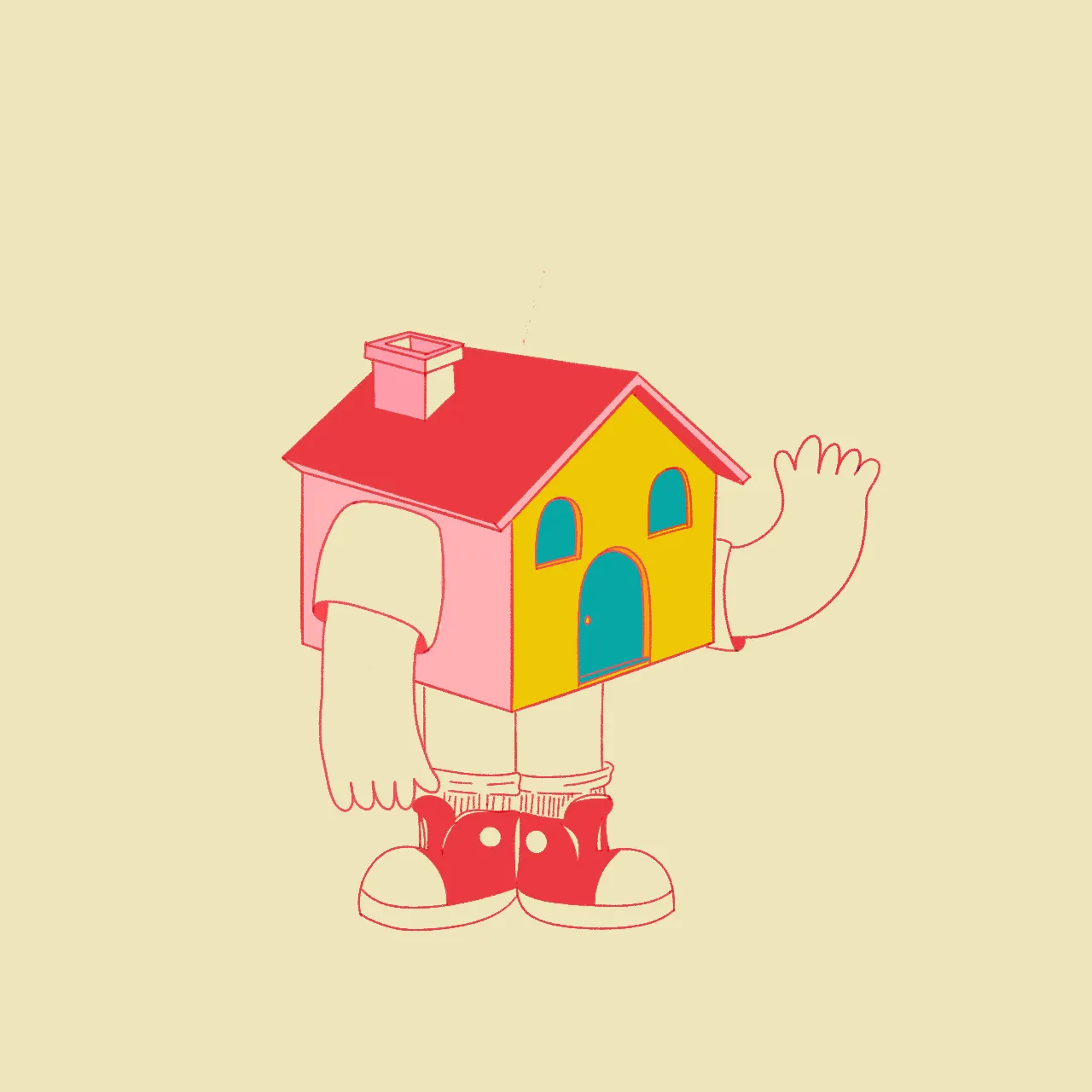 The original Club Ropístico mascot: a waving house with a red roof, pink wall, yellow facade, teal doorway and red sneakers.