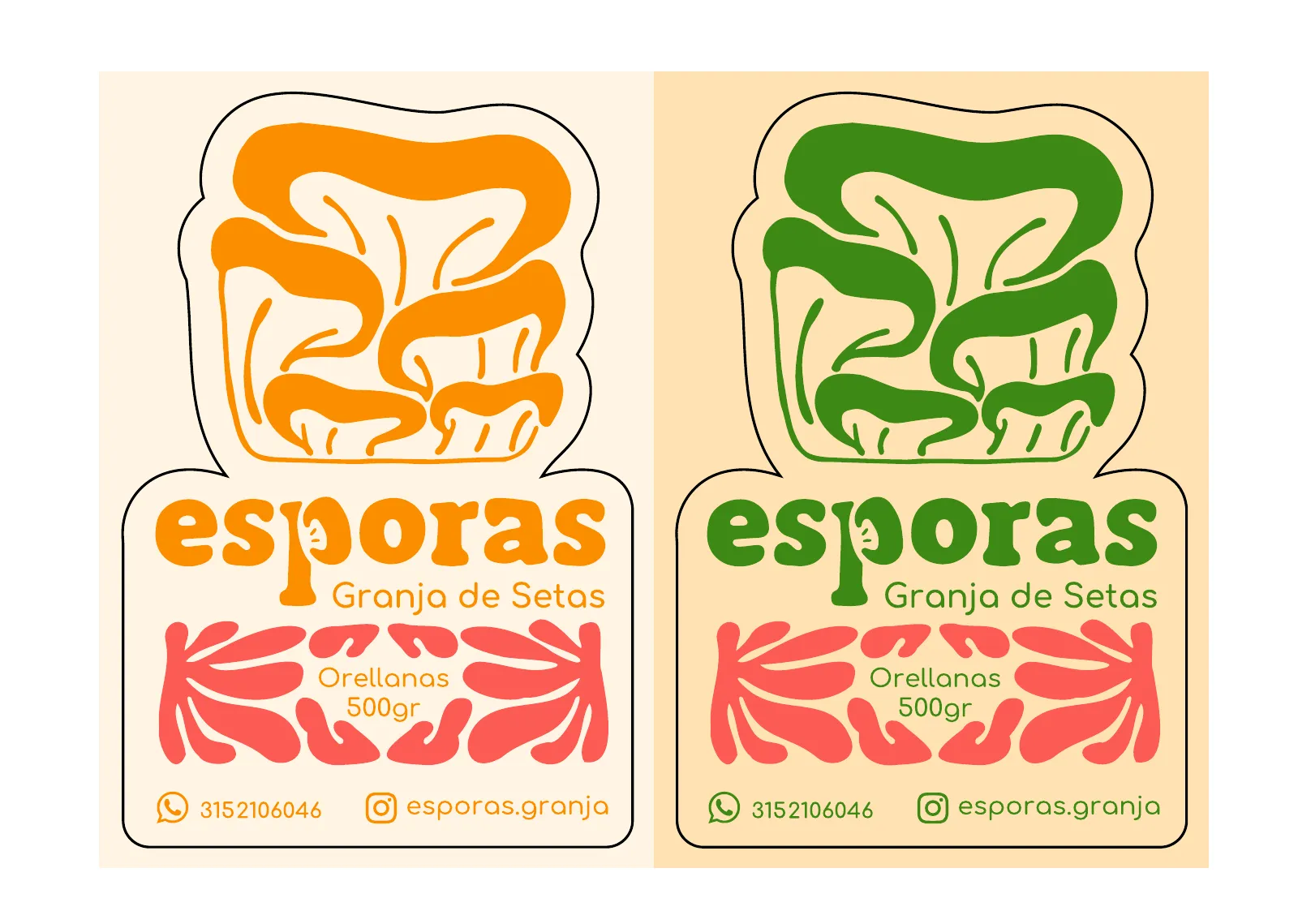 Original Esporas label artwork showing orange and green flowing mushroom logos and coral ornament.