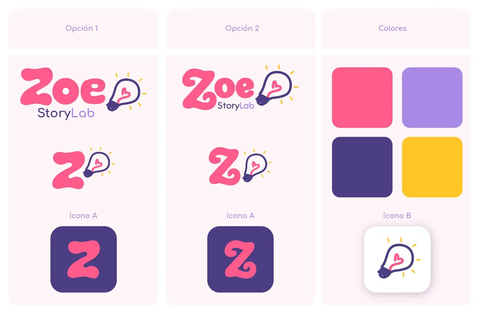 Original Zoe StoryLab proposal sheet showing both logo options, submarks and the color palette.