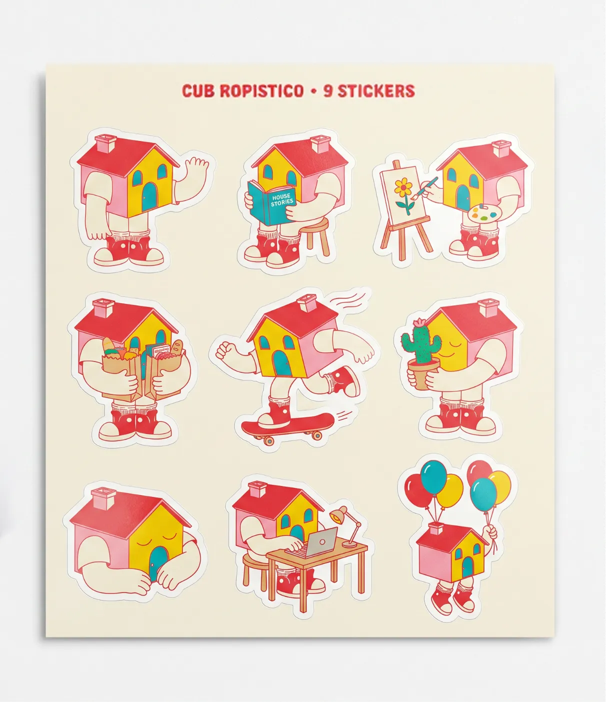 Nine die-cut house character stickers, showing the Club Ropístico mascot waving, reading, painting, shopping, skating, gardening, resting, working and holding balloons.