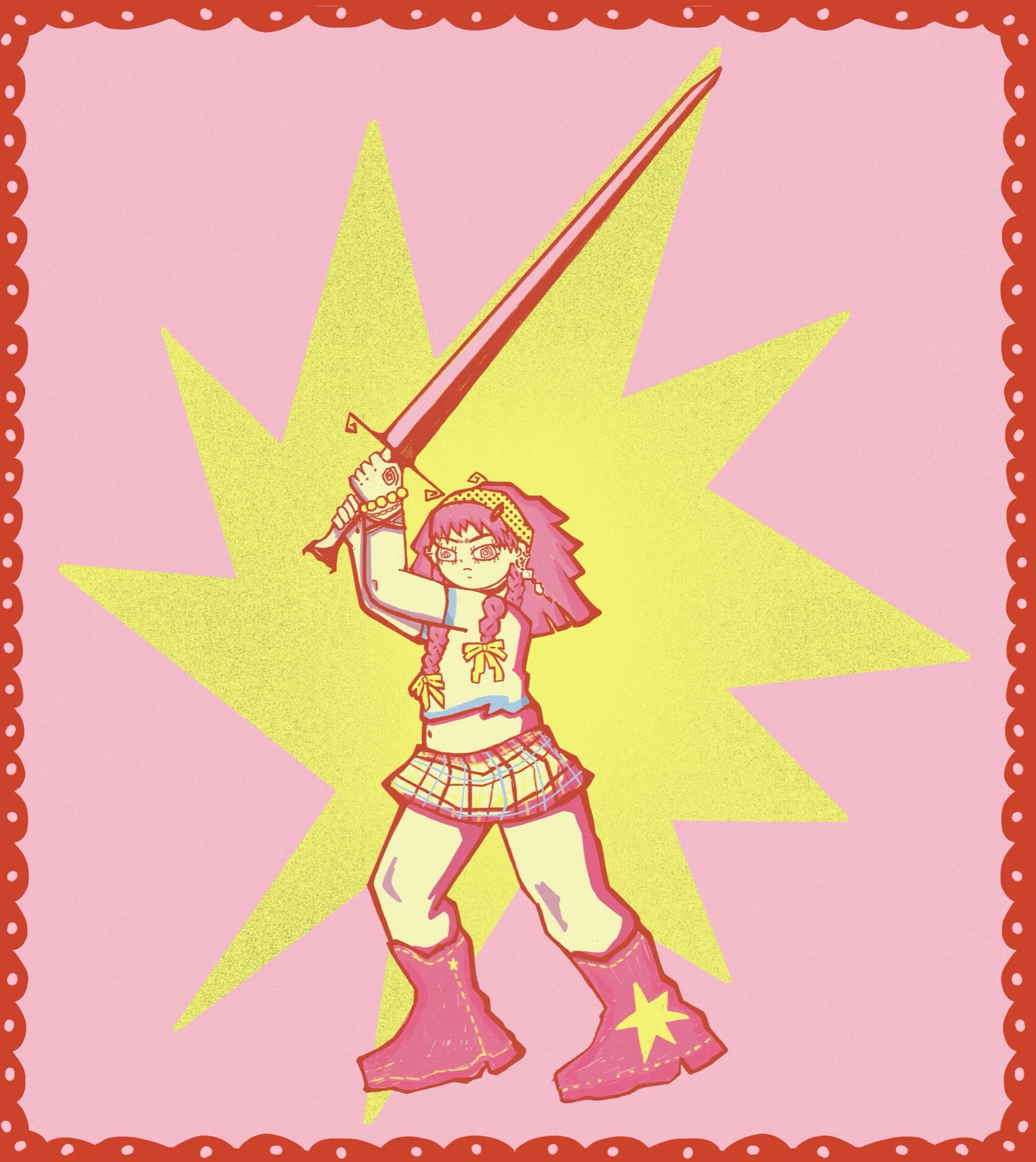 A girl in pink boots raises a sword against a yellow burst, inside a red scalloped frame.