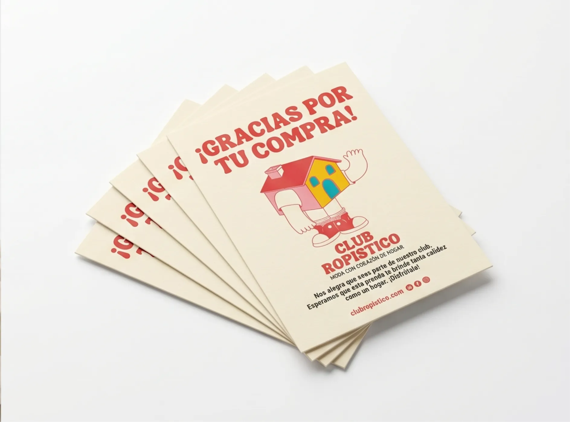A stack of cream thank-you cards featuring the Club Ropístico house mascot and red lettering.