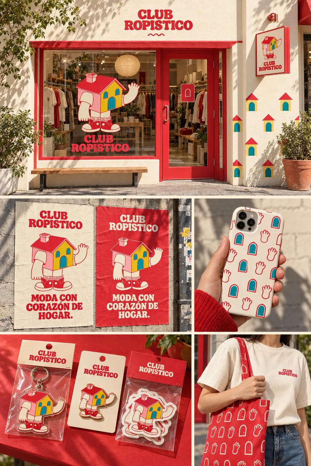 Club Ropístico identity applied to a clothing boutique, campaign posters, a patterned phone case, retail keepsakes and a tee and tote.