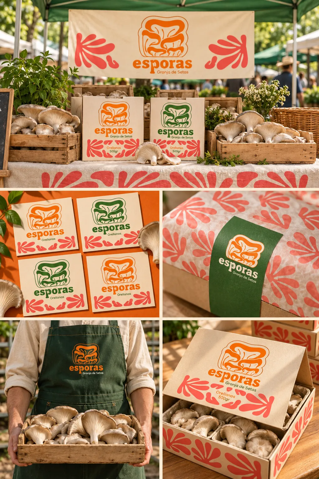 Esporas identity at a mushroom market stand, on recipe cards, printed tissue, a grower apron and delivery boxes.