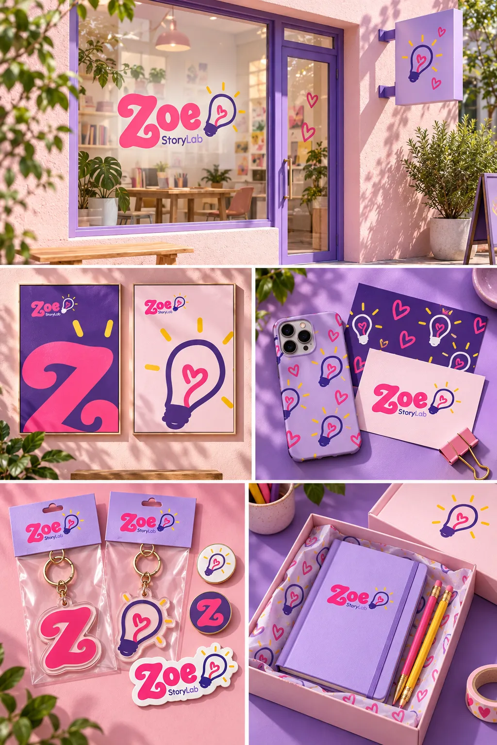 Zoe StoryLab identity on a studio facade, posters, a patterned phone case, keychains, badges and a creativity kit.